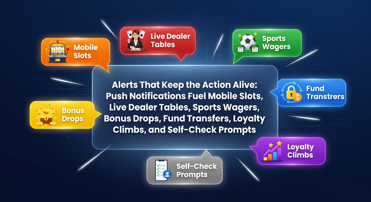 Smartphone screen displaying a vibrant push notification alert for an incoming bonus drop during a mobile slots session, with casino icons glowing in the background
