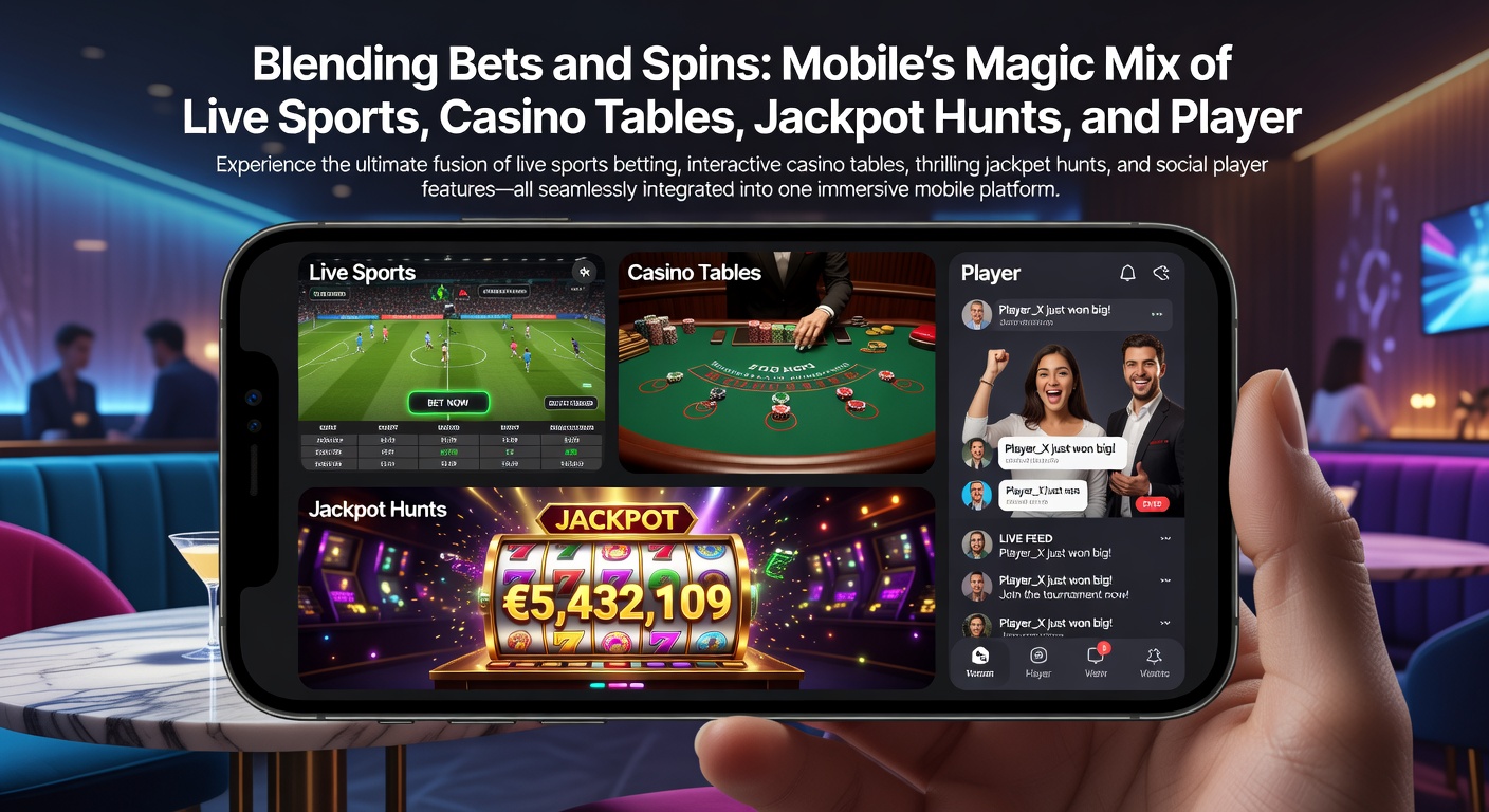 Close-up of mobile app interface blending live sports odds, jackpot slot chase, casino table stream, and safety limit settings