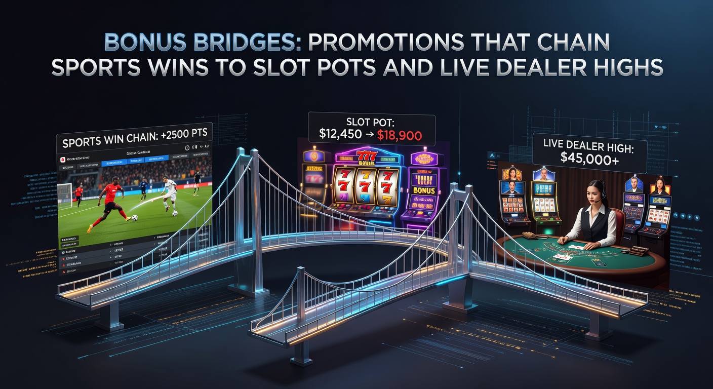 Sports betting screen transitioning to slot machine jackpot and live dealer table with promotional overlays highlighting chained bonuses