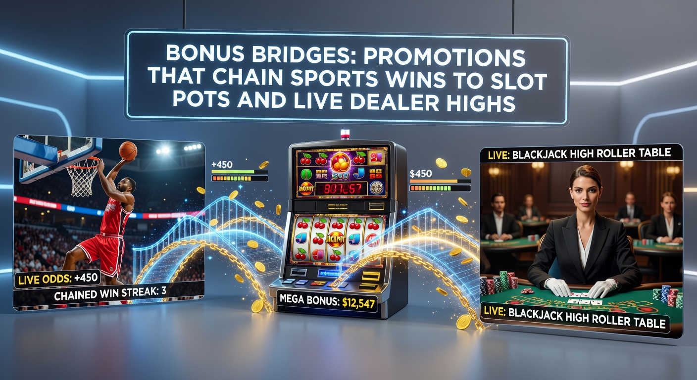 Infographic showing a flowchart of sports win converting to slot spins, jackpot hit leading to live dealer chips, with glowing bridge icons connecting the elements