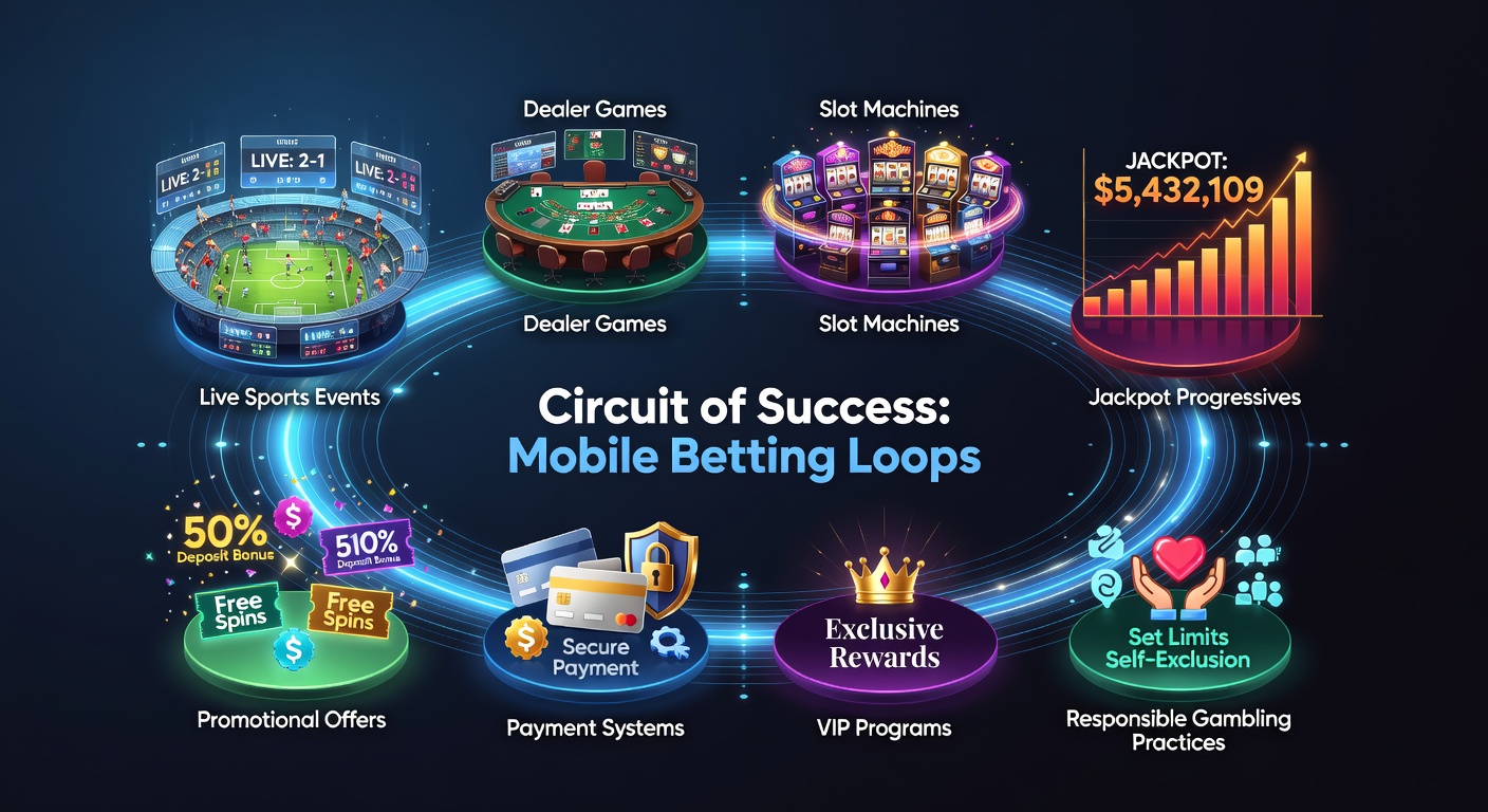 Mobile screen showing interconnected betting loops from sports events to slots and jackpots with promo overlays