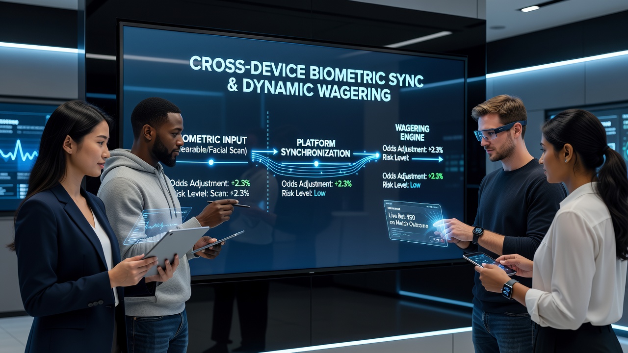 Illustration of biometric authentication syncing across multiple devices including smartphones, tablets, and laptops within an entertainment platform interface