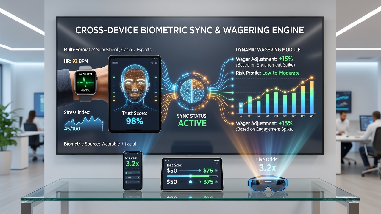 Diagram showing real-time biometric data flow between devices and a central wagering adjustment engine in an entertainment platform