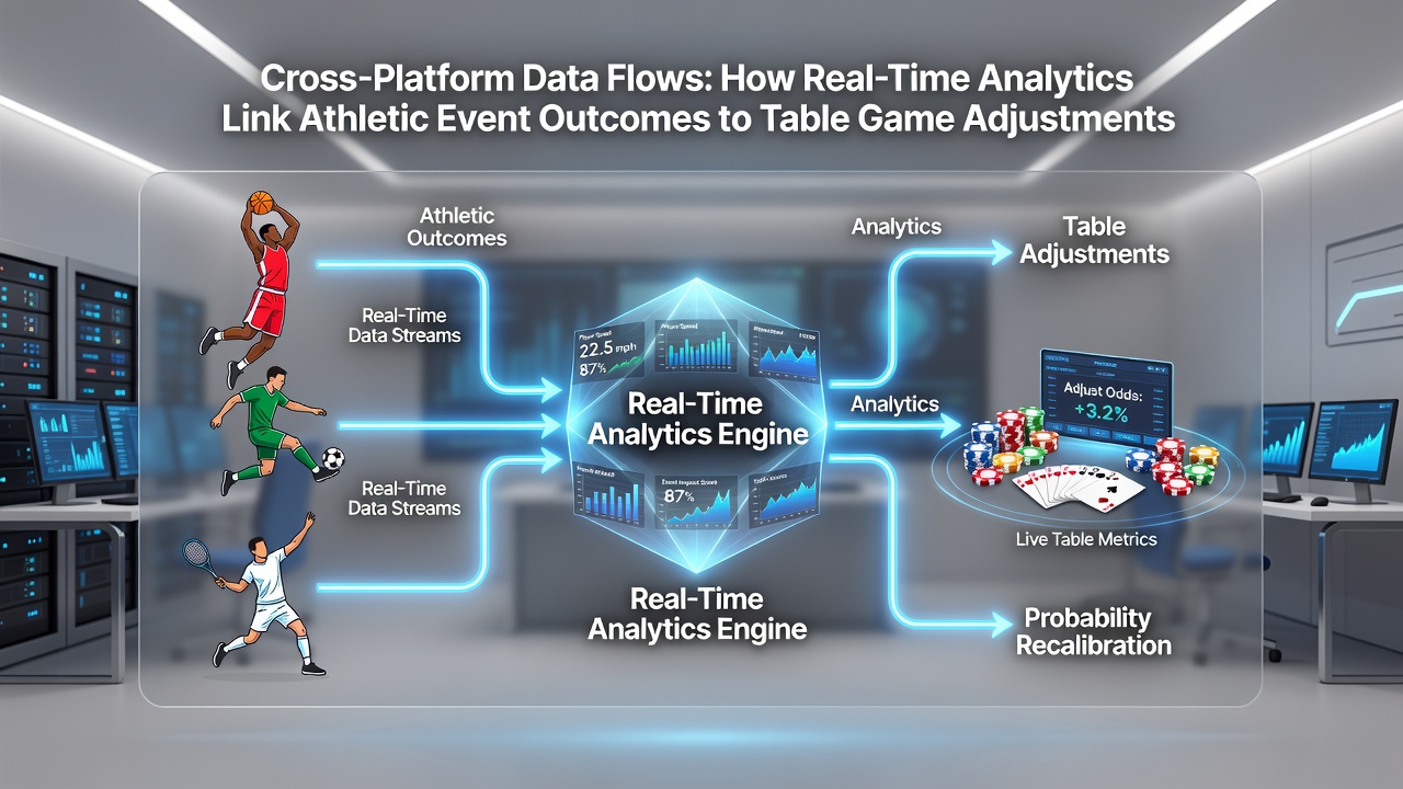 Flow diagram illustrating how athletic outcomes influence table game parameters and player rewards