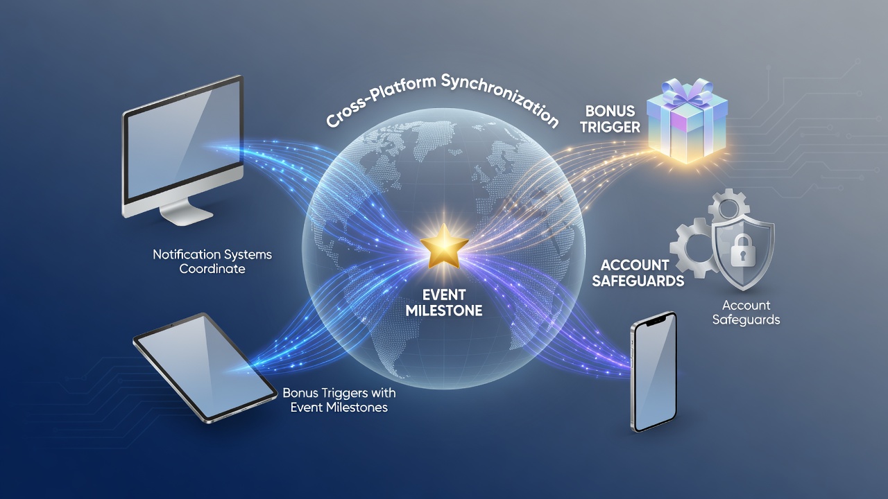 Diagram showing notification flows across mobile and desktop platforms for bonus coordination and account alerts