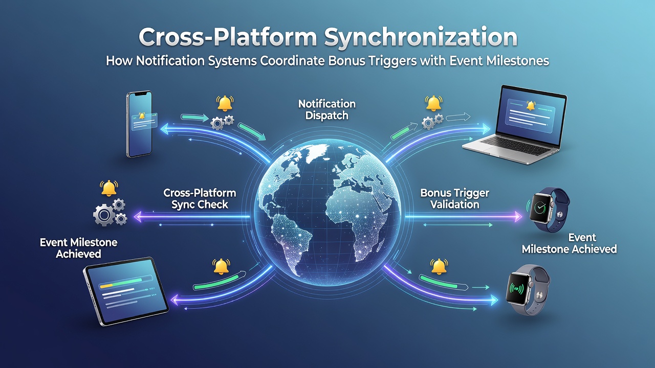 Illustration of synchronized alerts appearing on multiple devices with bonus and safeguard elements highlighted