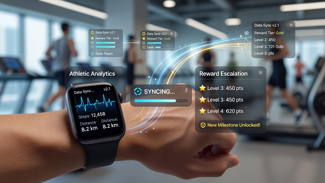 Mobile interface illustrating real-time data flow between athletic performance tracking and escalating reward tiers