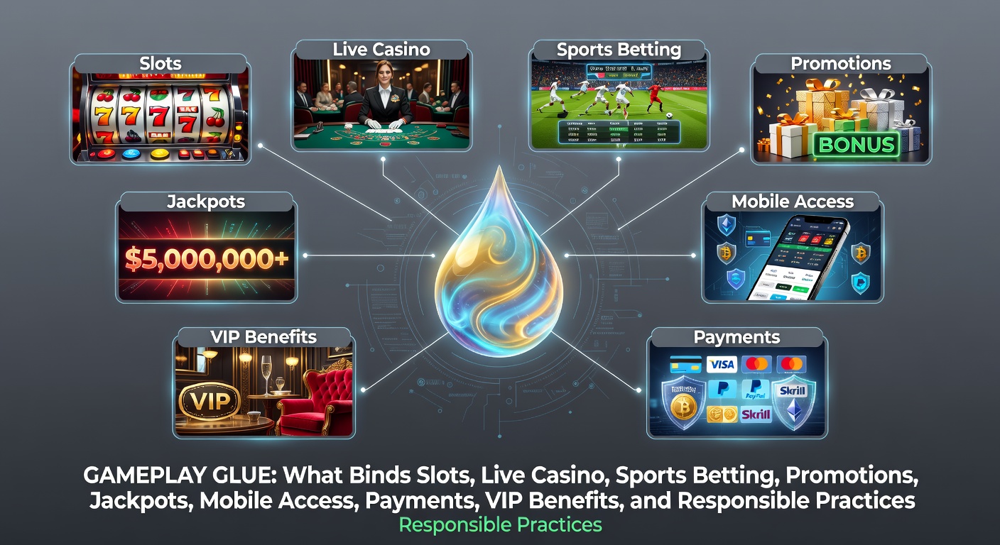 Digital interface showing interconnected gaming elements like slots, sports bets, and live tables on a mobile screen, with glowing lines linking promotions, jackpots, and VIP icons