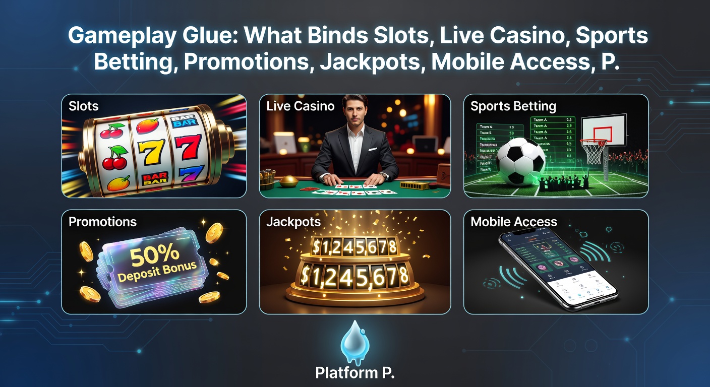 Close-up of a mobile device displaying a dashboard with slots spinning, live sports odds updating, jackpot counters rising, and VIP progress bars filling, all unified under one account