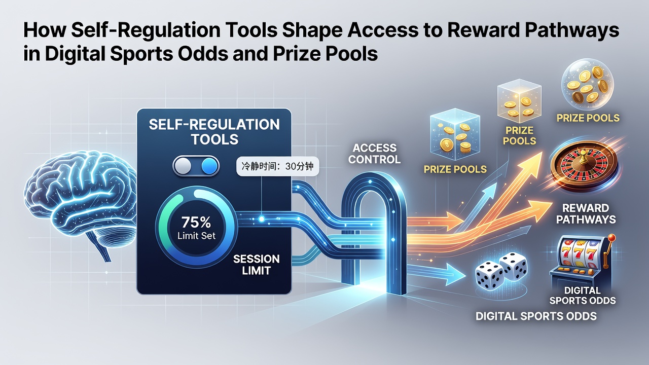 Digital interface showing self-regulation tools like deposit limits and time-outs alongside sports betting odds and prize pool displays