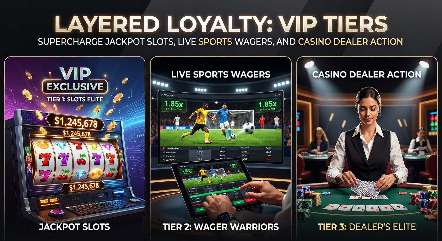 Dynamic VIP dashboard on mobile showing live sports wagers, jackpot progress, and dealer table invites with tier badges glowing