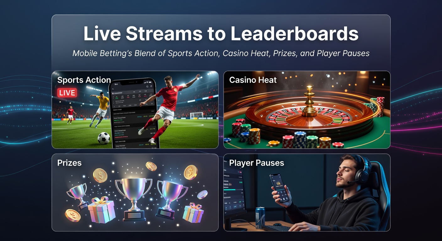 Mobile screen showing live sports stream transitioning to a vibrant leaderboard with casino tables and prize icons in the background, capturing the dynamic fusion of betting elements