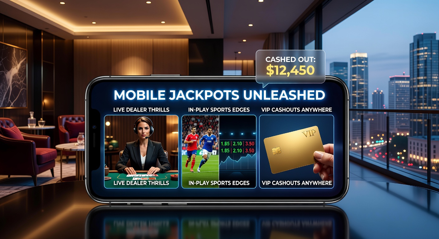 Smartphone screen displaying a vibrant mobile jackpot slot game with cascading wins and live dealer table in the background, highlighting seamless mobile gambling features