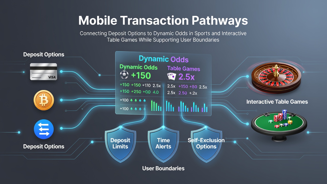 Mobile transaction pathways diagram showing deposit flows into sports odds and table games with user limit controls