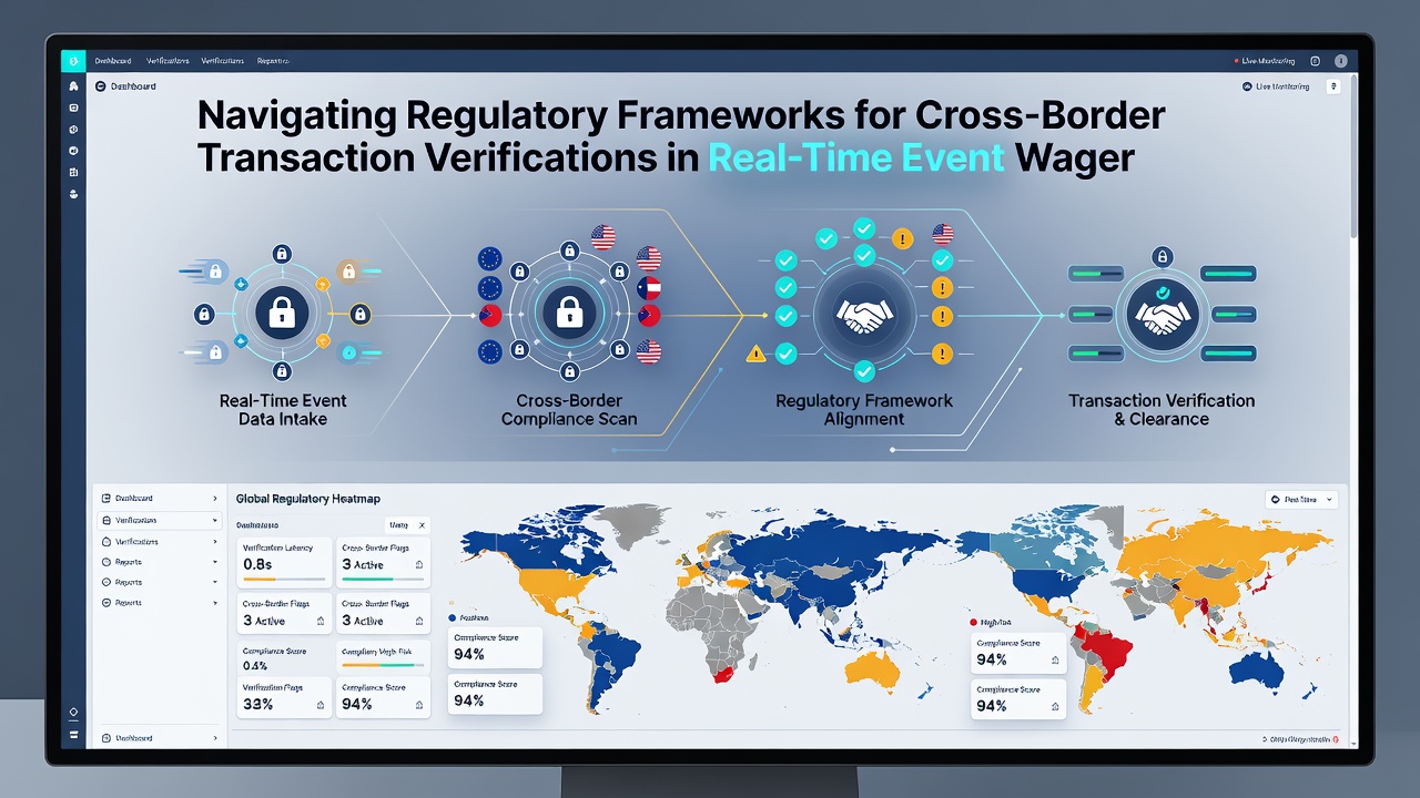 Secure digital interface displaying real-time verification status for international wagering transactions with compliance indicators