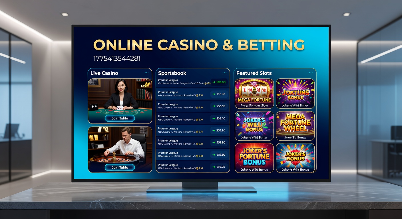 Vibrant digital interface showing roulette wheel, slot reels, and sports betting odds on a sleek online platform