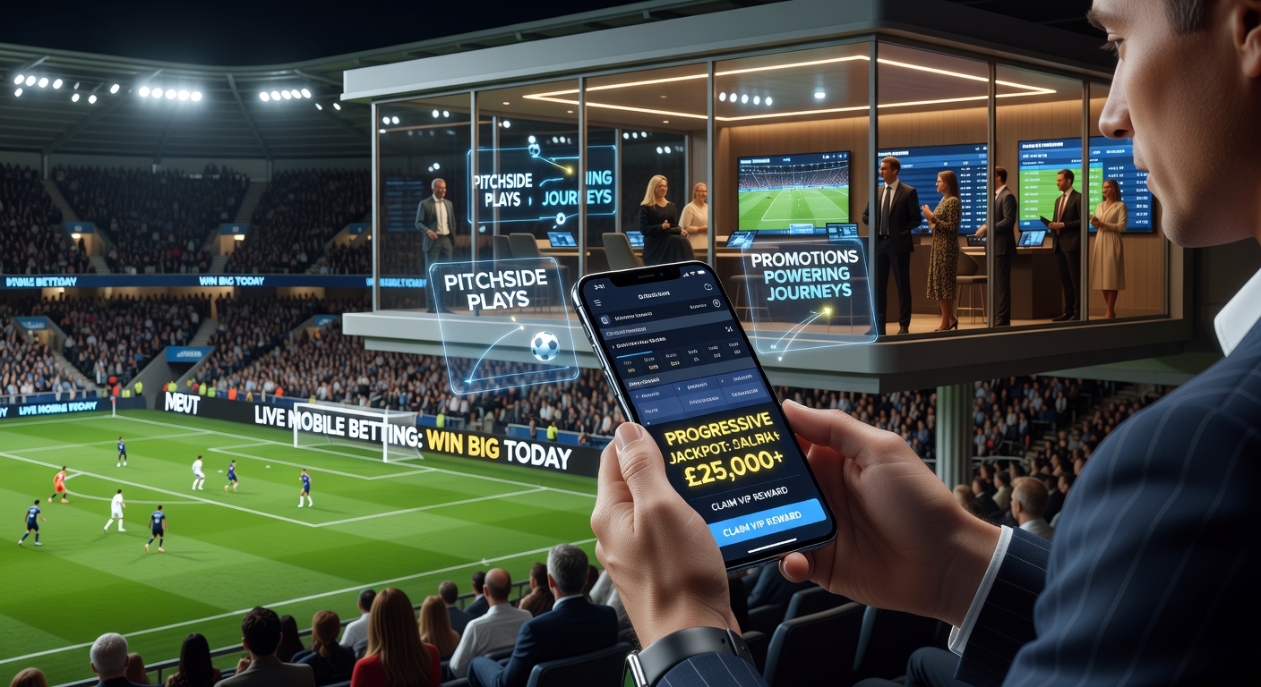Close-up of a VIP dashboard on a smartphone, displaying pitchside live odds for a soccer match intertwined with rising progressive prize trackers and exclusive promo badges