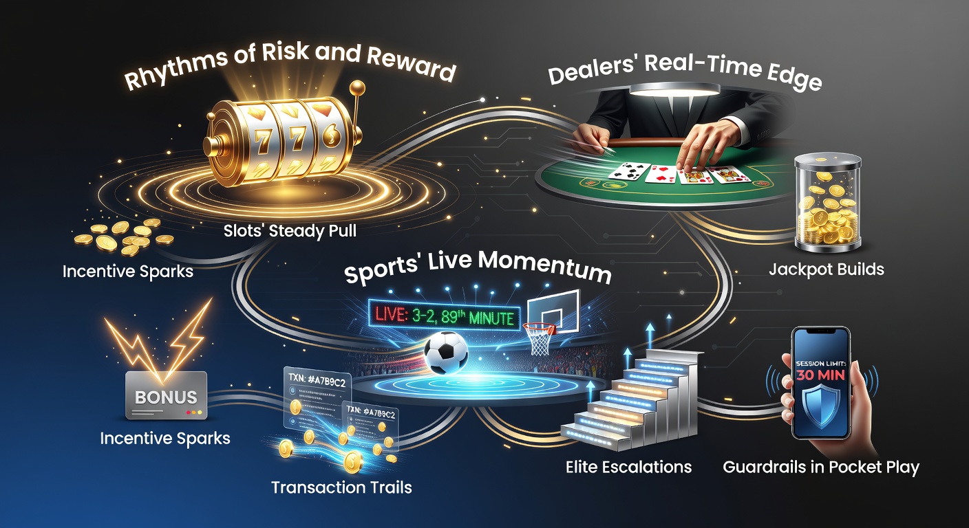 A dynamic mobile screen displaying spinning slots, live dealer blackjack, in-play sports odds, and rising jackpot meters, capturing the pulsing rhythms of online gambling action