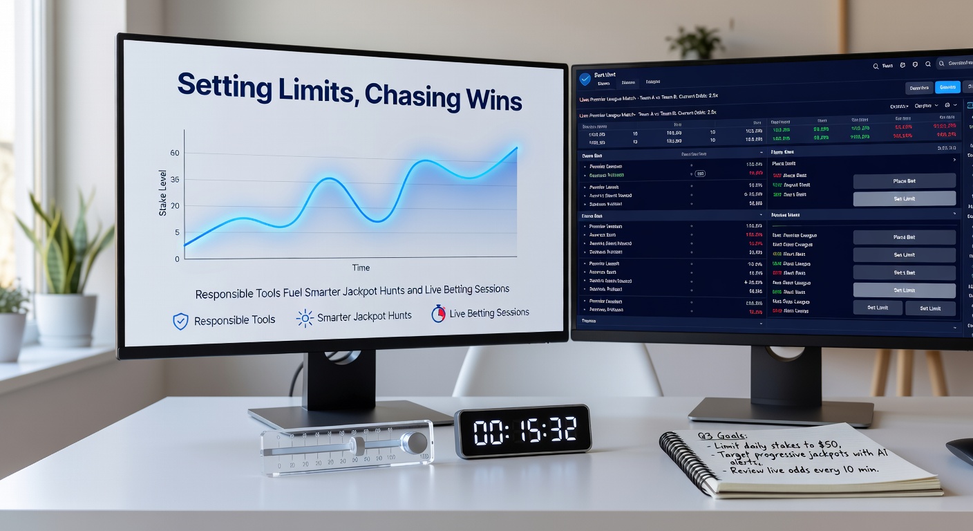 Screenshot of a live betting dashboard with active time limit timer, loss limit warning, and jackpot side panel during an ongoing sports event