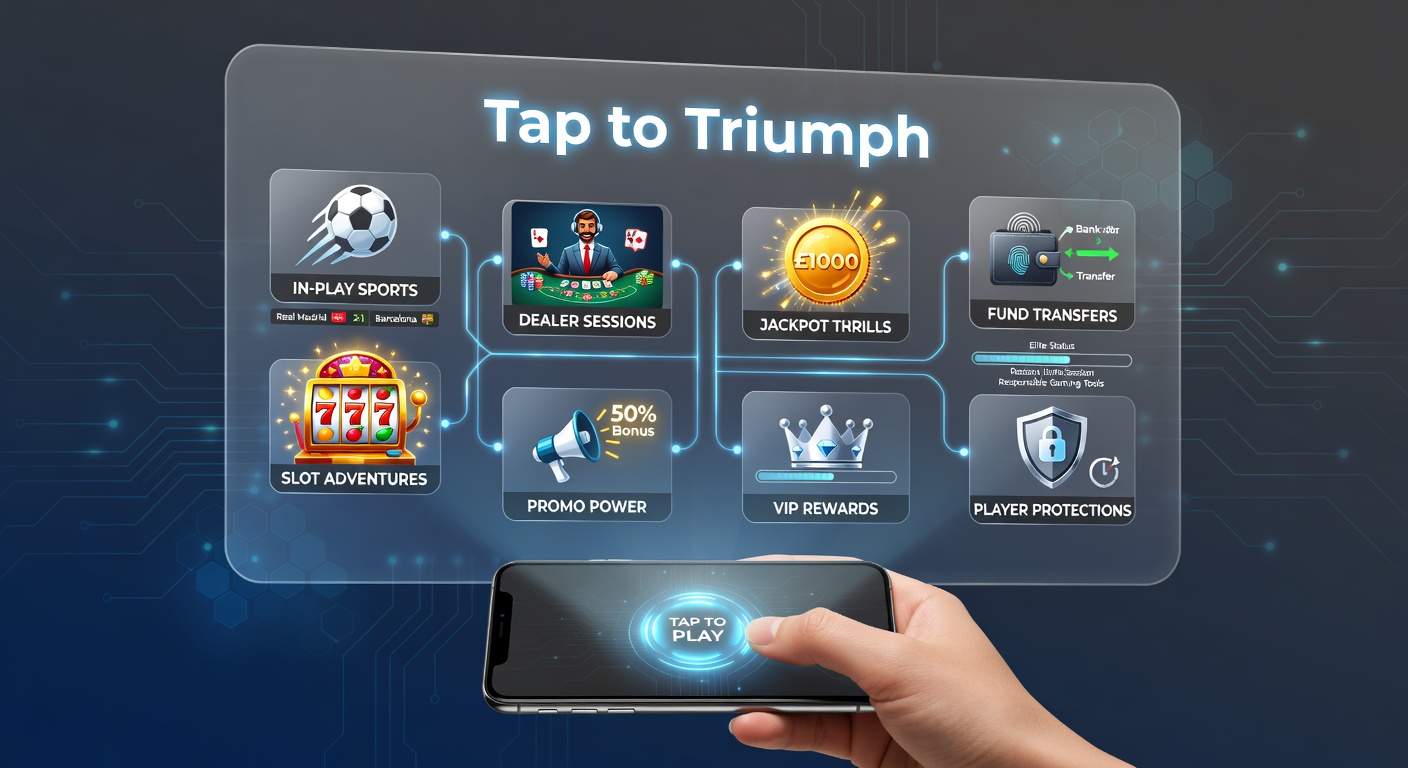 A vibrant mobile phone screen displaying interconnected icons for in-play sports betting, live dealer tables, slot machines, jackpots, promotions, payments, VIP tiers, and safety features, illustrating seamless ecosystem navigation