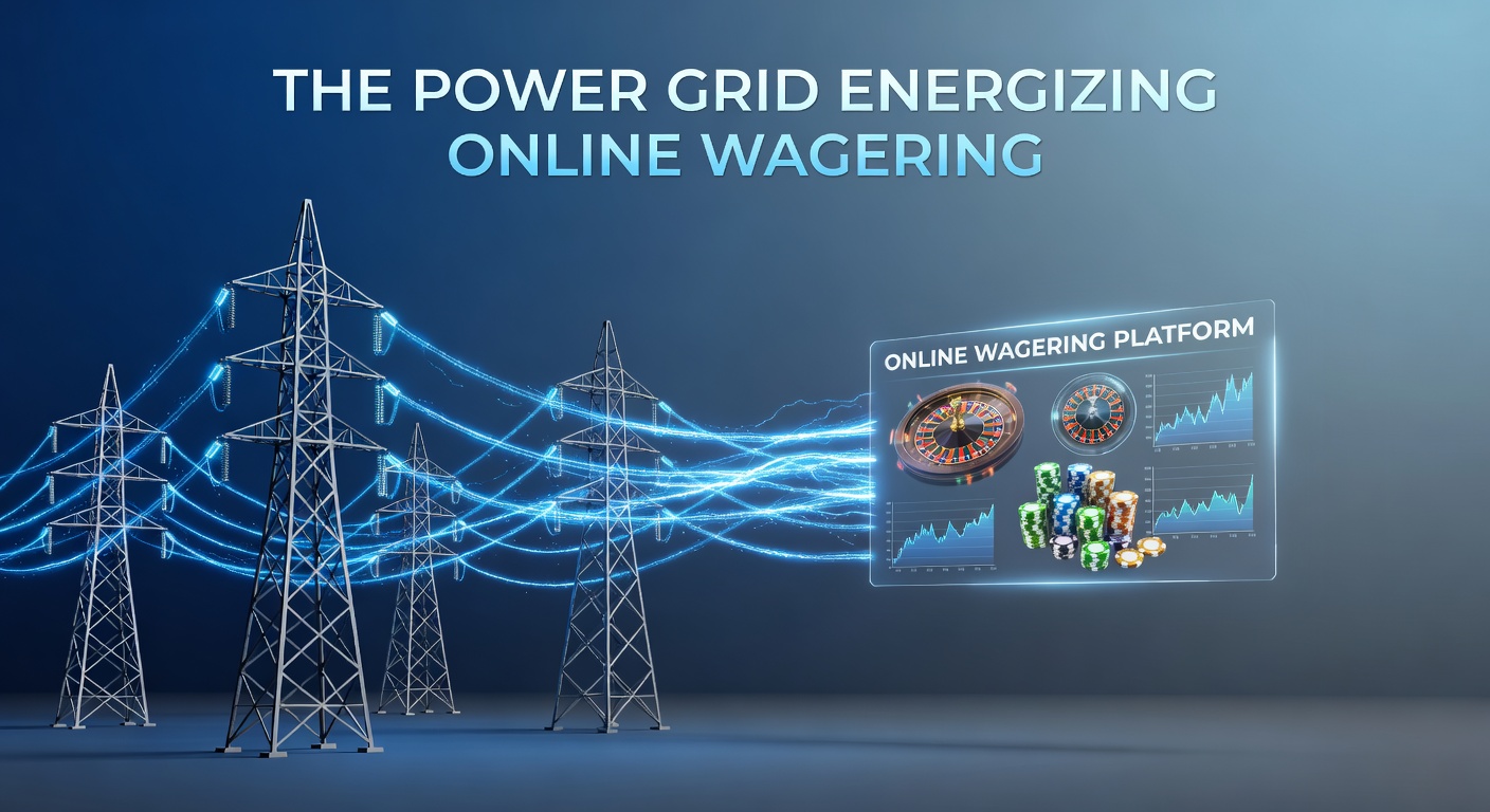 Dynamic visualization of energy flows connecting power plants to glowing server arrays and mobile betting screens, illustrating the grid's role in real-time wagering