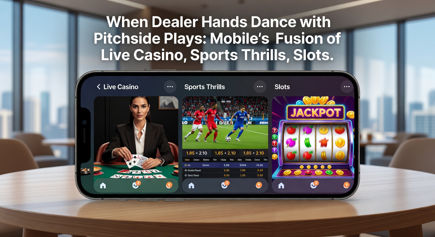 Dynamic split-screen on a phone: one side a spinning slot reel jackpot, the other a live soccer pitch with overlaid betting odds, emphasizing mobile multitasking